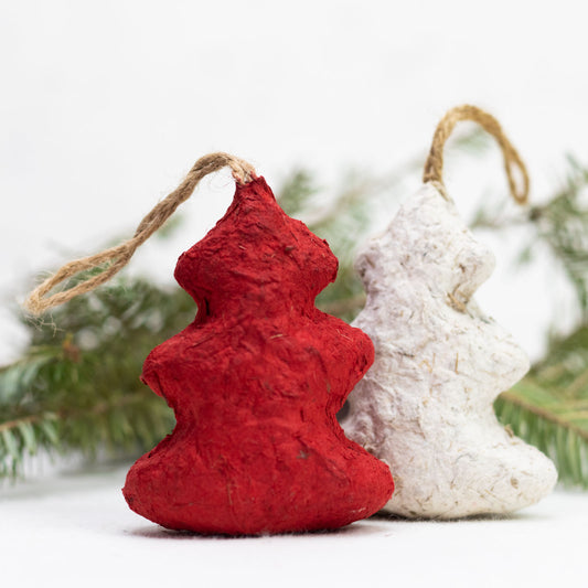 eco-friendly ornaments shaped like christmas trees in red and white