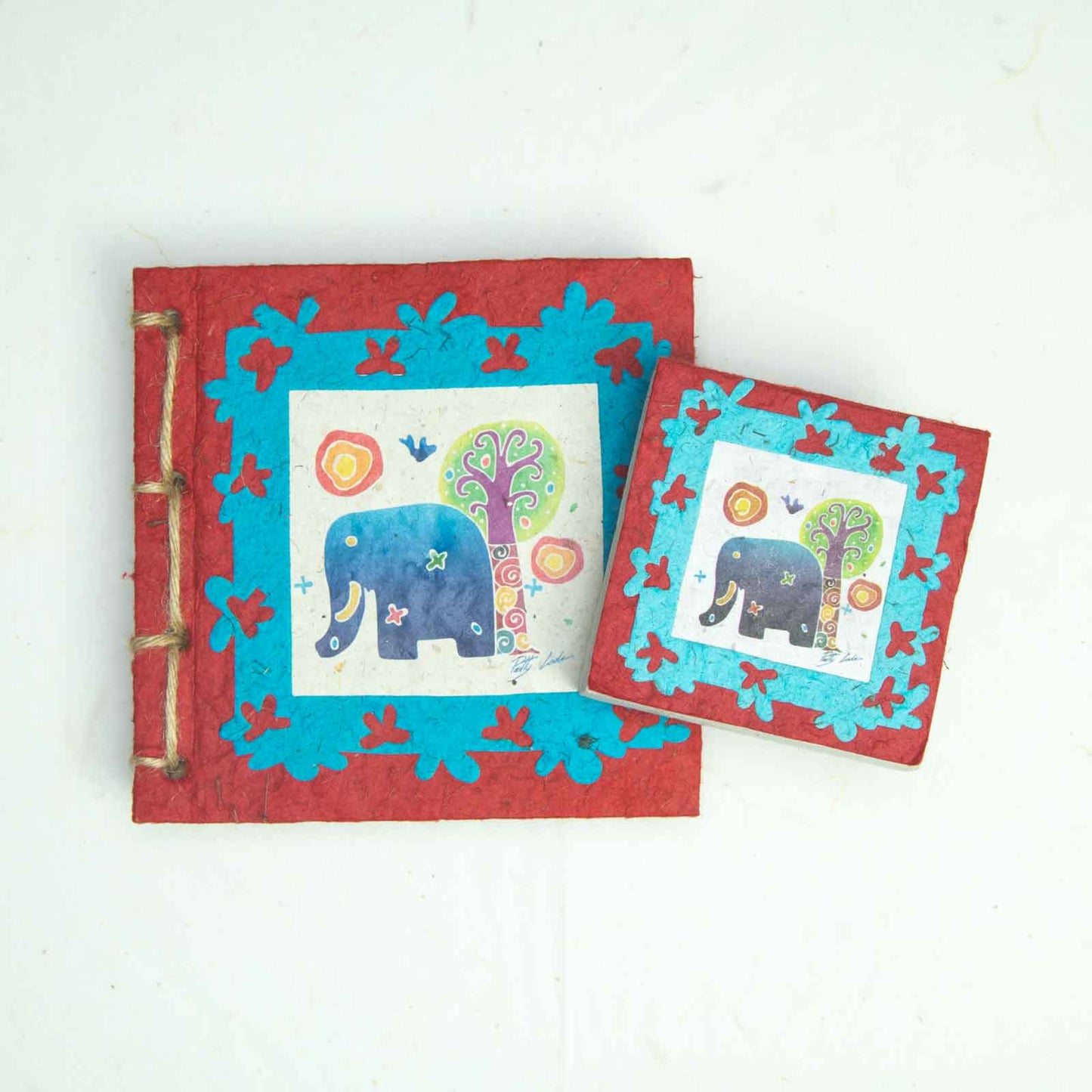 Eco-Friendly, Tree-Free, Twine Journal and Scratch Pad - Thailand Themed Batik Art Set - Red - by POOPOOPAPER - Front