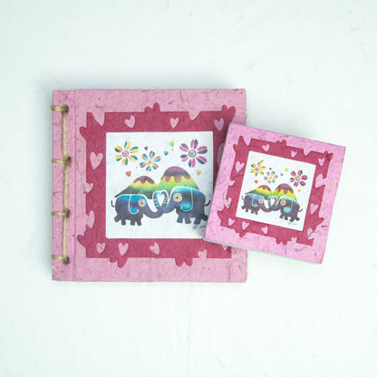 Eco-Friendly Journal & Sustainable Scratch Pad Elephant POOPOOPAPER products - Artist Reproductions - Thailand Themed Batik - Pink - Front