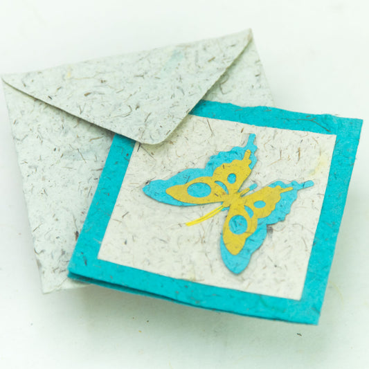 flower garden themed eco-friendly greeting card with a butterfly in teal and natural with eco-friendly envelope