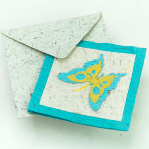 Flower Garden - Greeting Card - Butterfly - Turquoise/ Yellow on Natural -  (Set of 5)