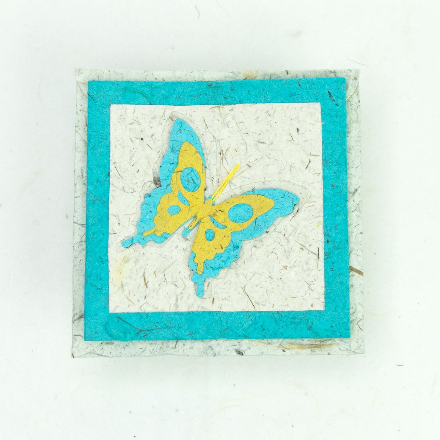 Flower Garden - Greeting Card - Butterfly - Turquoise/ Yellow on Natural -  (Set of 5)