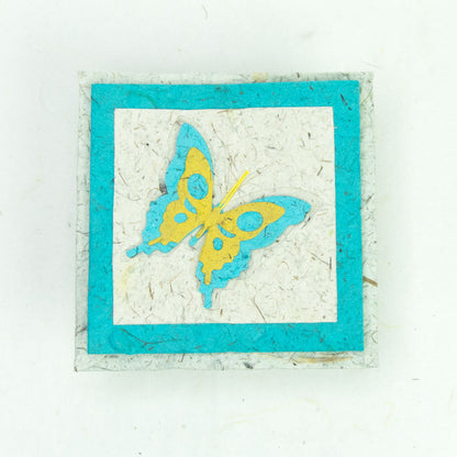 Flower Garden - Greeting Card - Butterfly - Turquoise/ Yellow on Natural -  (Set of 5)