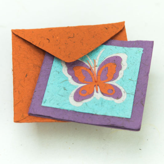 flower garden themed eco-friendly greeting card with a butterfly in purple and orange with eco-friendly envelope