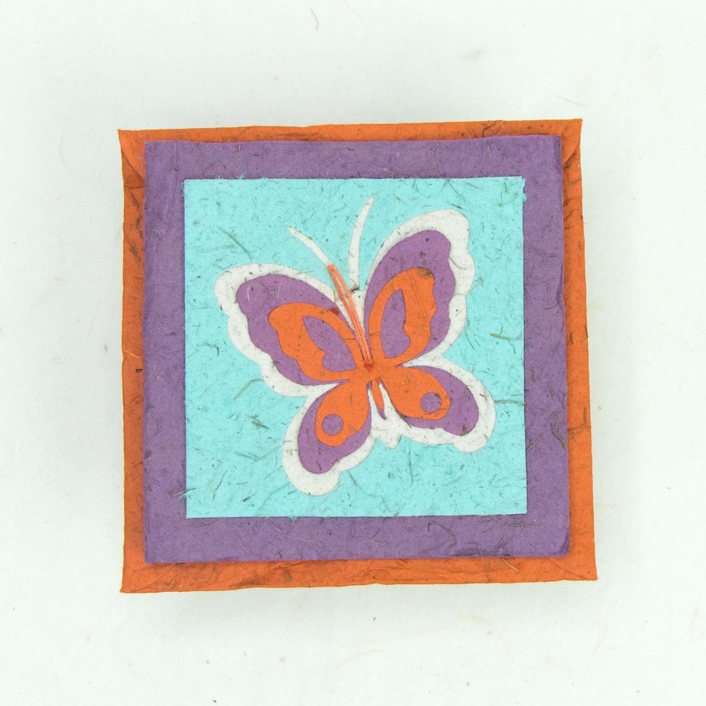 Flower Garden - Greeting Card - Butterfly - Purple/ Orange on Turquoise - (Set of 5)