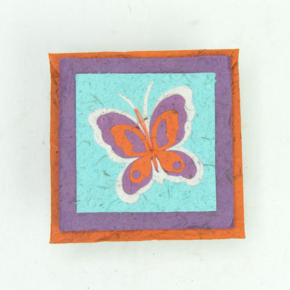 Flower Garden - Greeting Card - Butterfly - Purple/ Orange on Turquoise - (Set of 5)