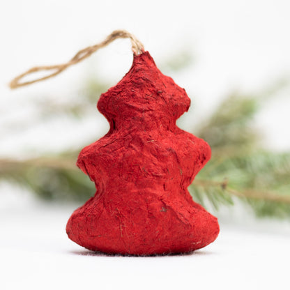 eco-friendly ornaments shaped like christmas trees in red