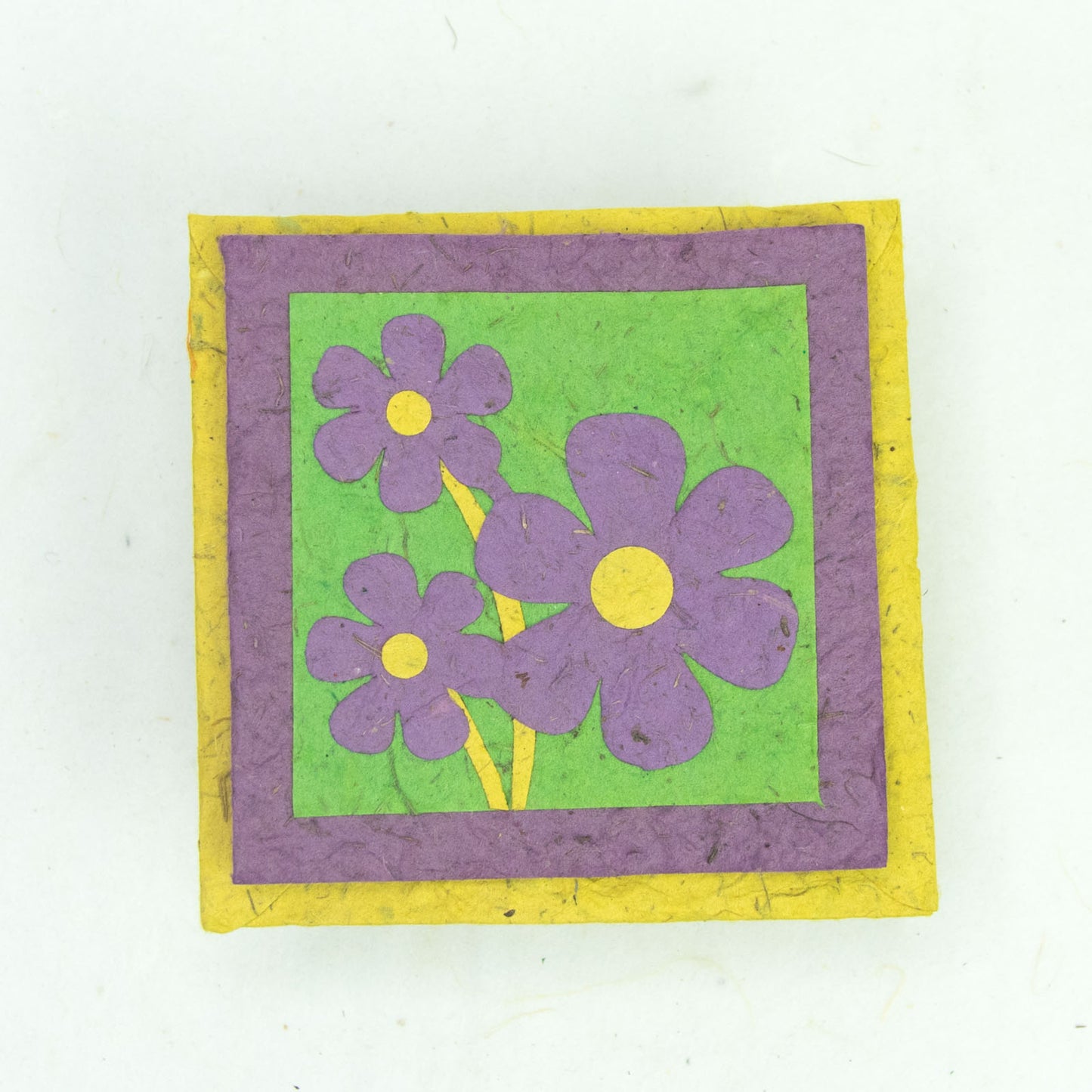 Flower Garden - Eco-friendly Greeting Card - Three Purple Flowers - on top of eco-friendly envelope