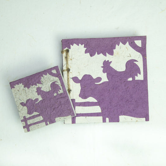 Eco-Friendly Journal & Sustainable Scratch Pad Cow POOPOOPAPER products - On The Farm - Cow & Rooster - Purple - Front