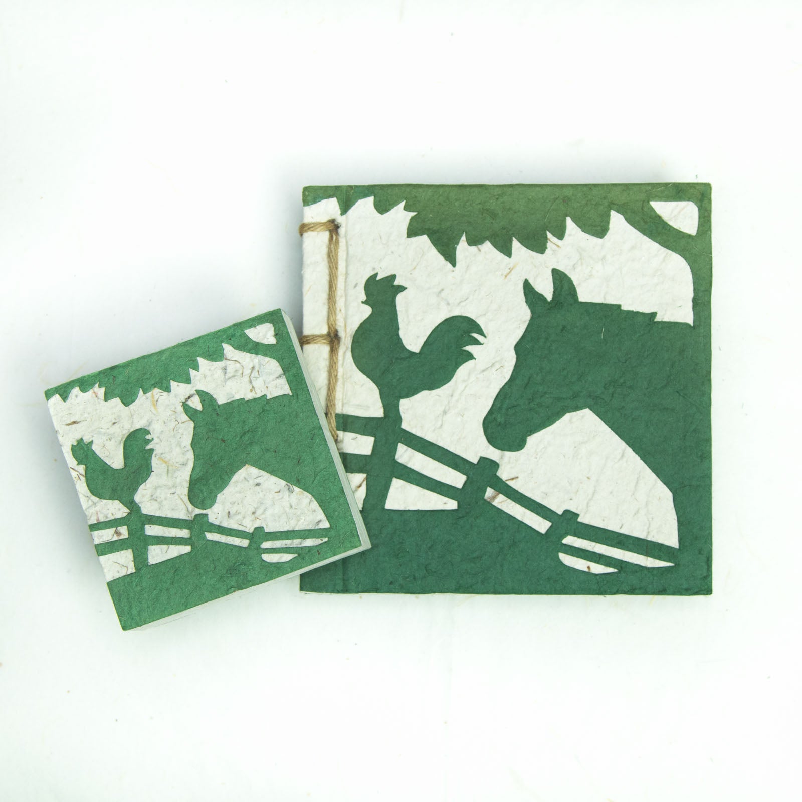 Horse POOPOOPAPER - On The Farm - Horse & Rooster - Green - Twine Eco-friendly Journal and Scratch Pad front