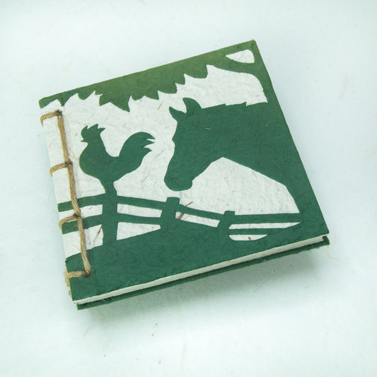 Horse POOPOOPAPER - On The Farm - Horse & Rooster - Green - Twine Eco-friendly Journal front